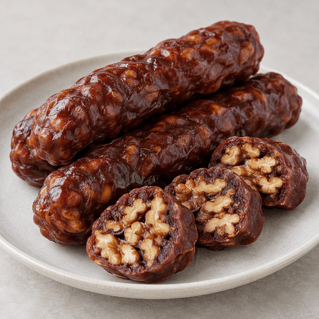 Long, thick, cylindrical confectionery logs made from whole walnuts threaded together and encased in a deep reddish-brown, slightly glossy coating, with a firm, wrinkled surface and sliced pieces revealing walnut halves inside, arranged on a plate.