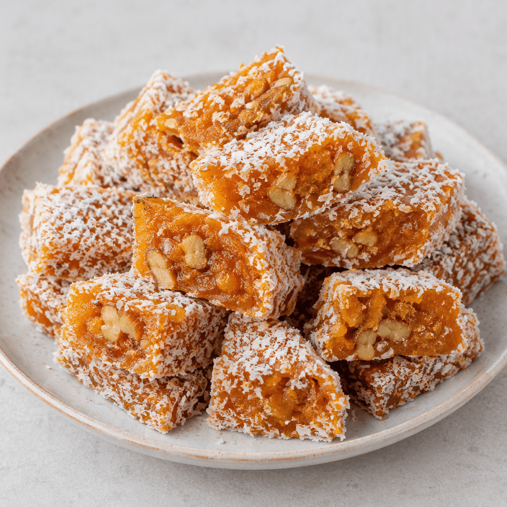 Dense, glossy orange carrot confections speckled with chopped walnuts, cut into neat rectangular or diamond-shaped pieces and coated on the outside with white shredded coconut, arranged on a serving plate.