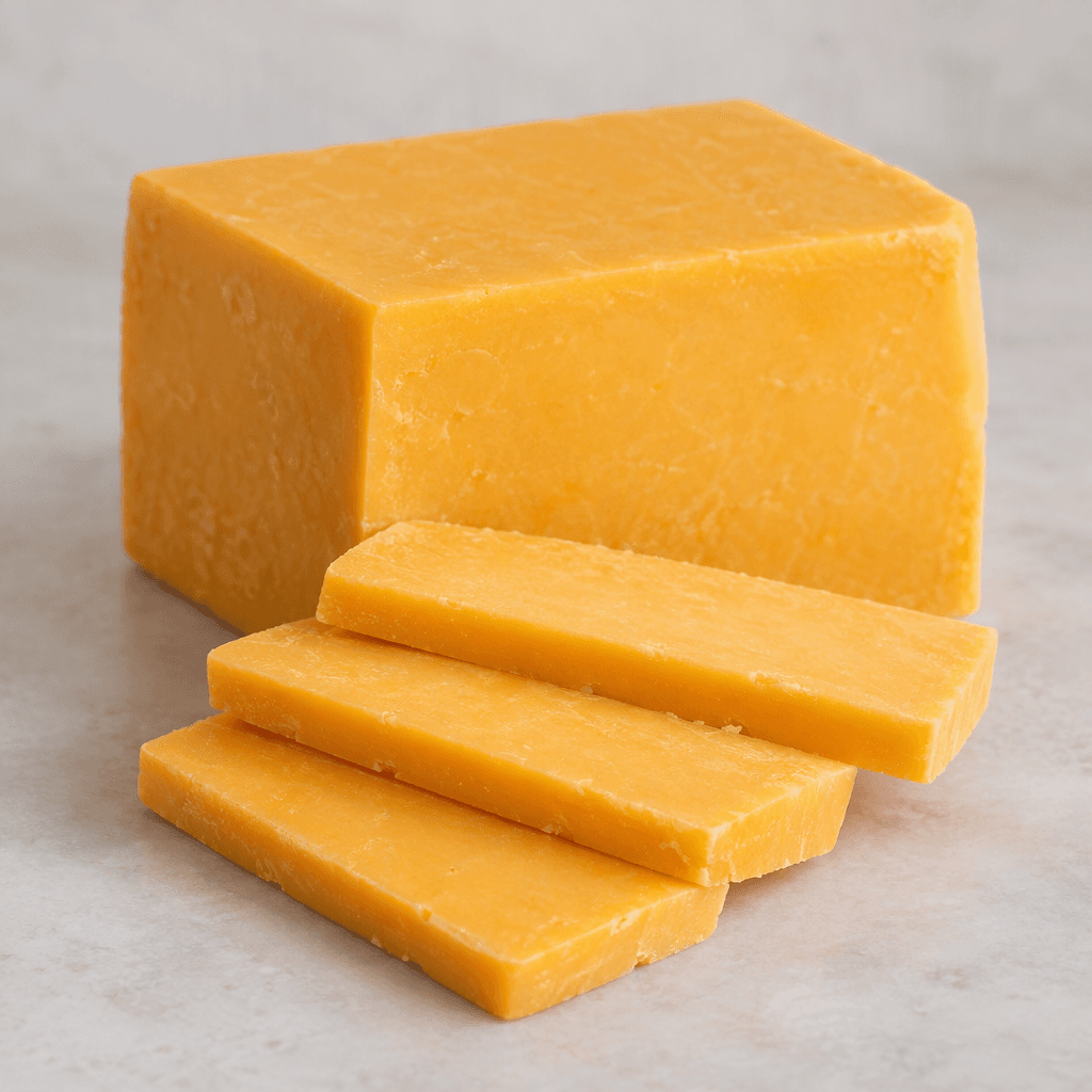 A firm cheddar cheese block with a smooth, dense surface in a warm pale-yellow to golden-orange colour, alongside several cleanly cut slices showing a uniform interior.