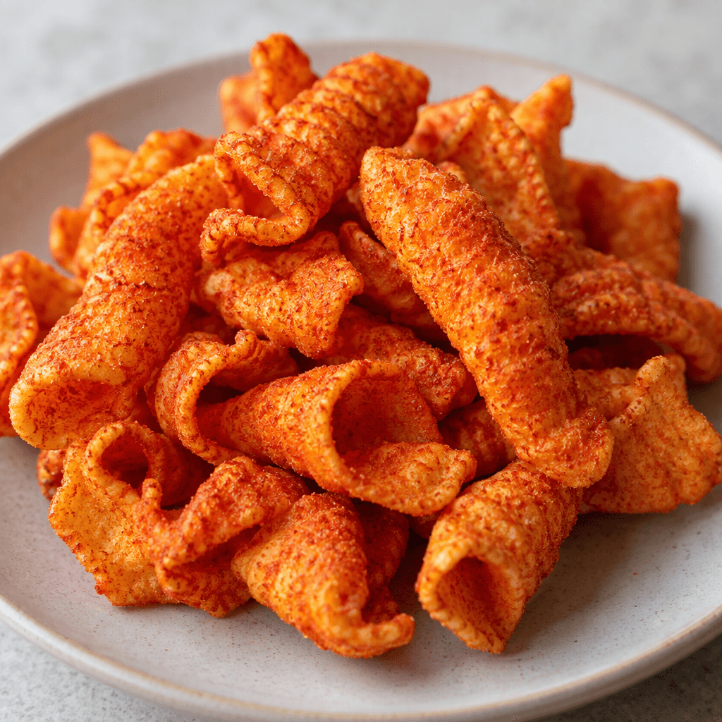 A small pile of irregular, curled corn snacks coated in vivid orange-red seasoning rests on a plain plate, their ridged surfaces looking dry and crunchy.