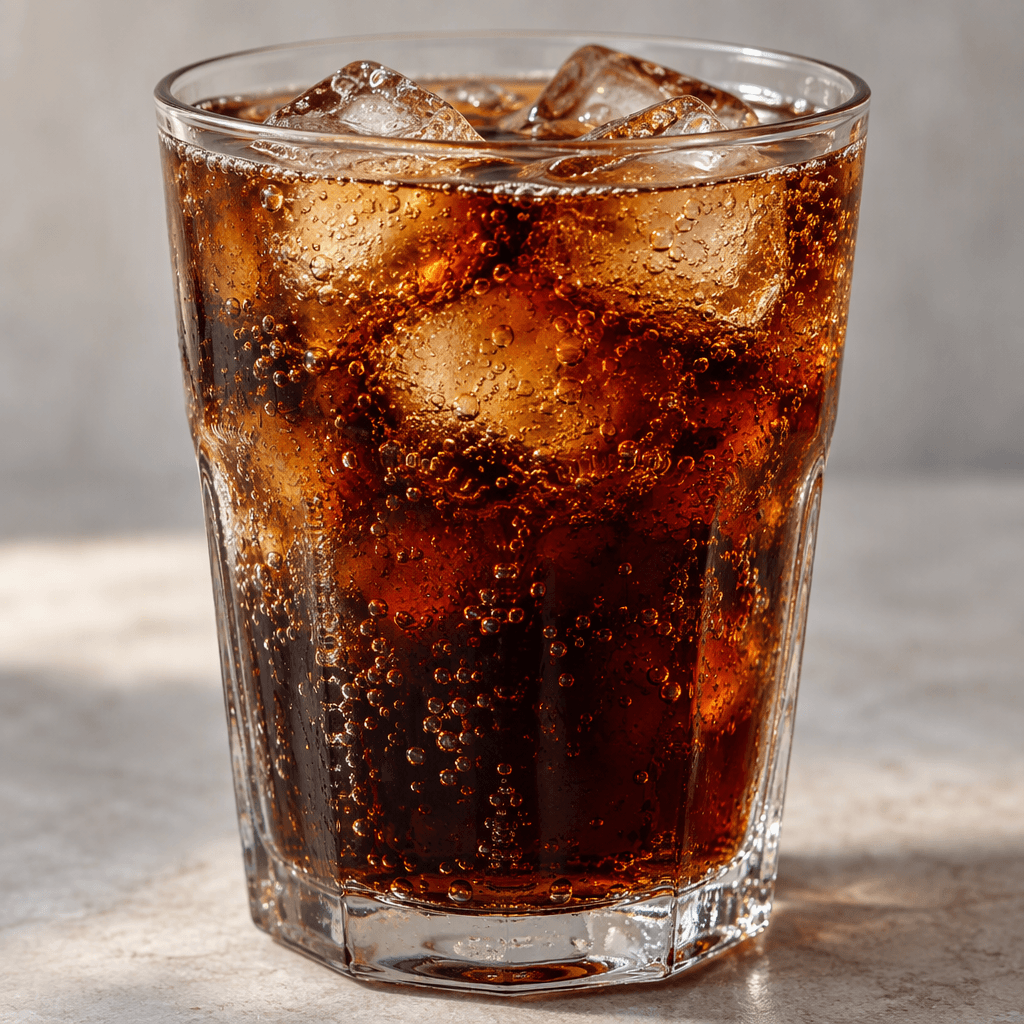 A dark reddish-brown, transparent fizzy drink fills a clear glass, with small bubbles rising through it and several ice cubes floating near the surface.