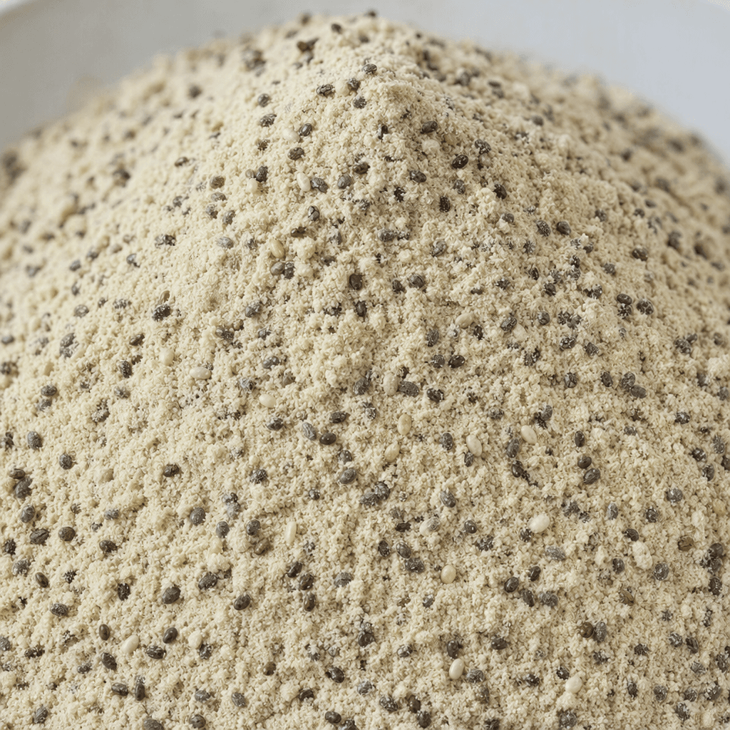 A loose, dry chia pudding mix with fine pale beige powder and scattered tiny black, grey and ivory chia seeds, forming a slightly speckled mound.