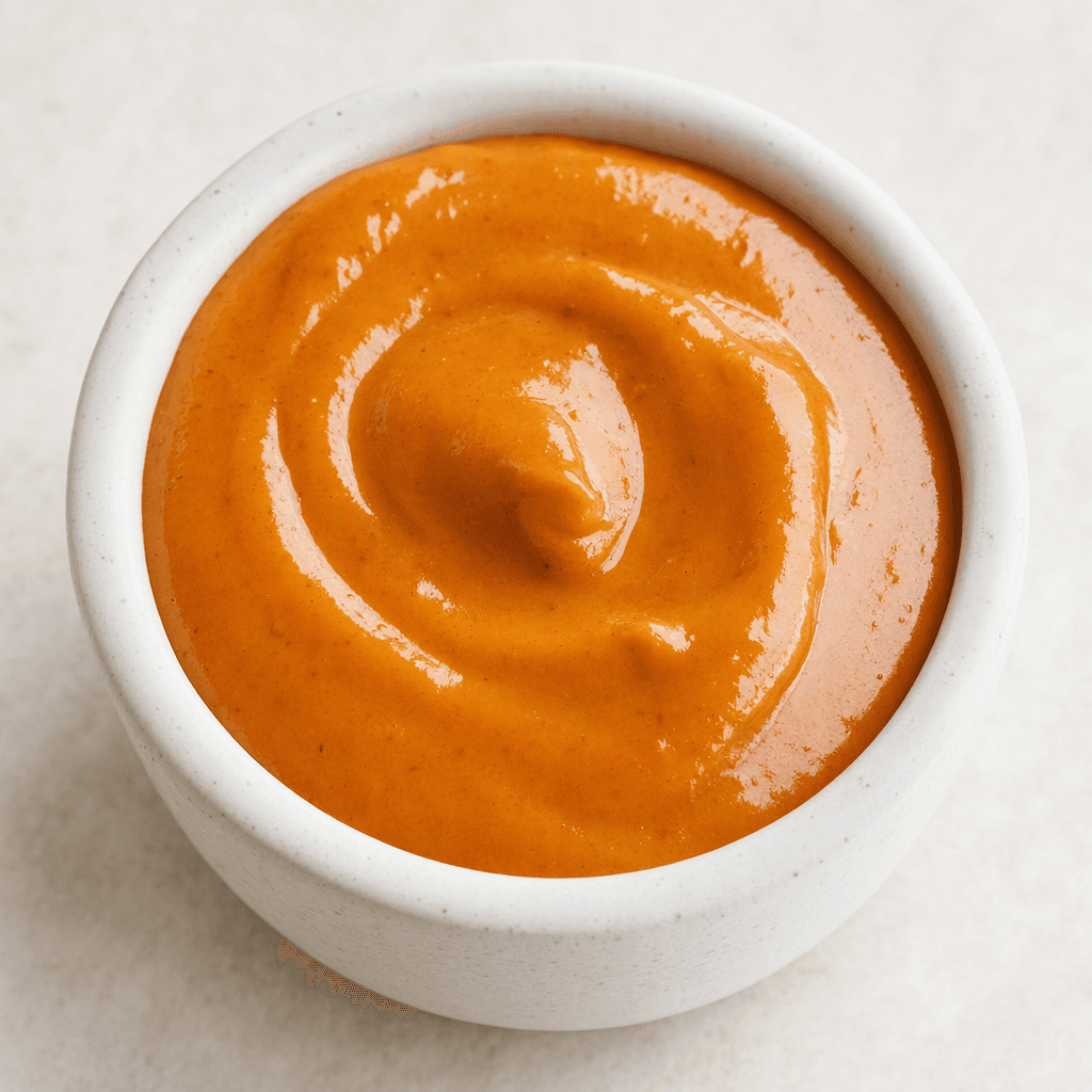 A thick, smooth, glossy orange-brown sauce sits in a small dipping cup.