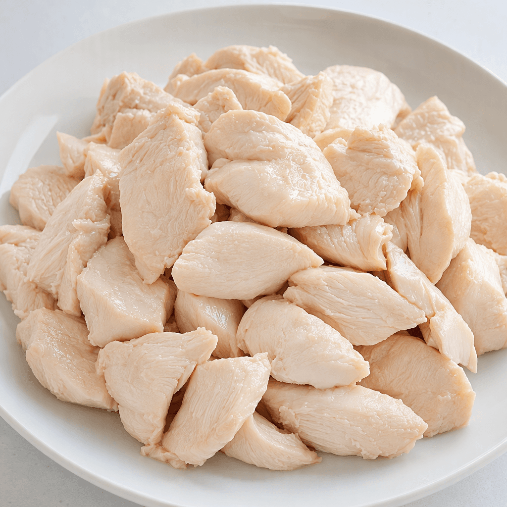 Pale pink, moist chicken meat with smooth, slightly glossy surfaces, presented as irregular boneless pieces on a plain plate.