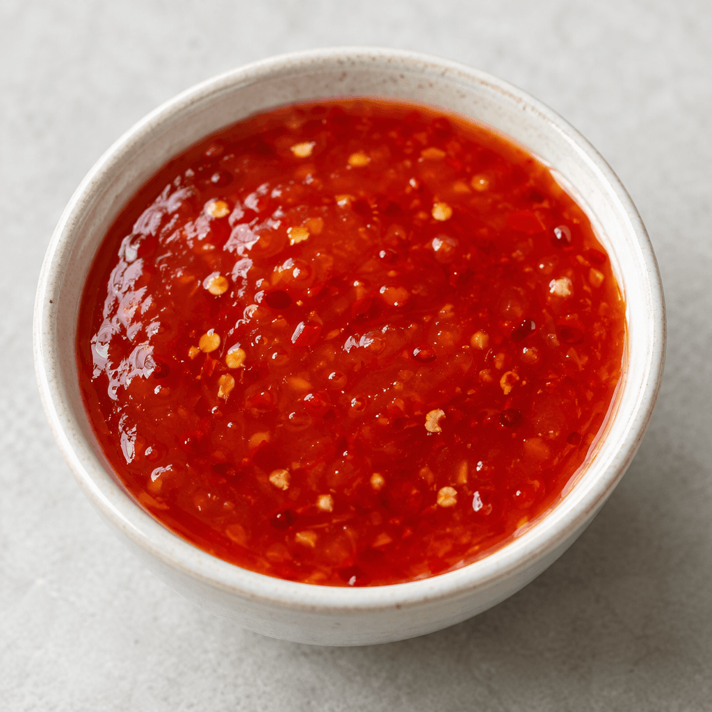 A bright red, glossy, thick sauce with tiny chili and seed flecks, pooled in a small bowl.