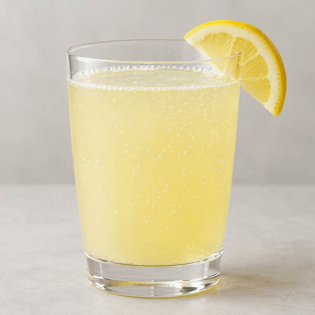 A pale, slightly cloudy yellow drink with fine rising bubbles is served in a clear glass, with a lemon wedge on the rim.