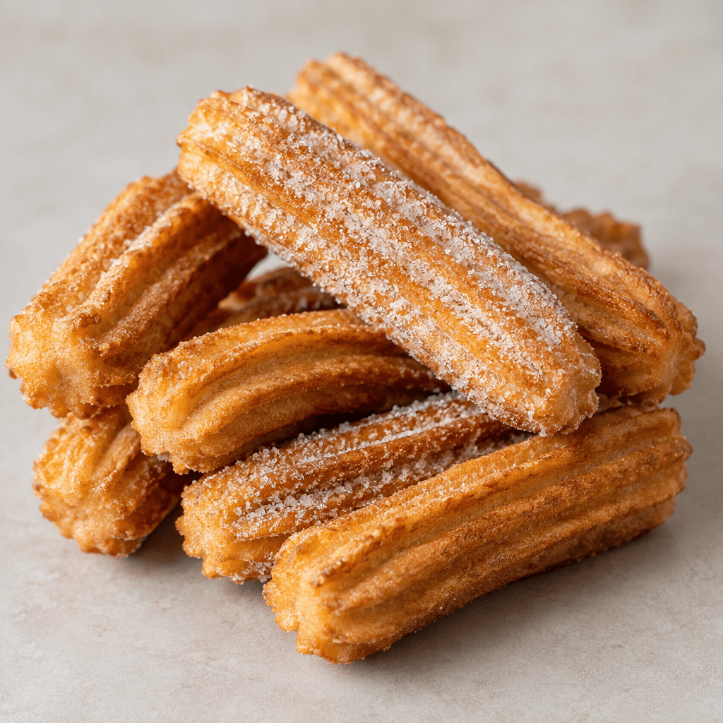 Golden-brown, elongated ridged pastries with crisp-looking, deeply grooved surfaces are arranged in a small pile, with a few pieces dusted with fine sugar.