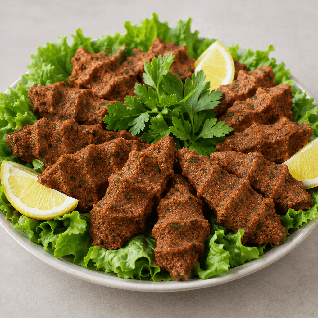 Hand-shaped, reddish-brown bulgur-and-spice paste is pressed into small ridged oval portions and arranged on green lettuce leaves, with lemon wedges and parsley alongside.