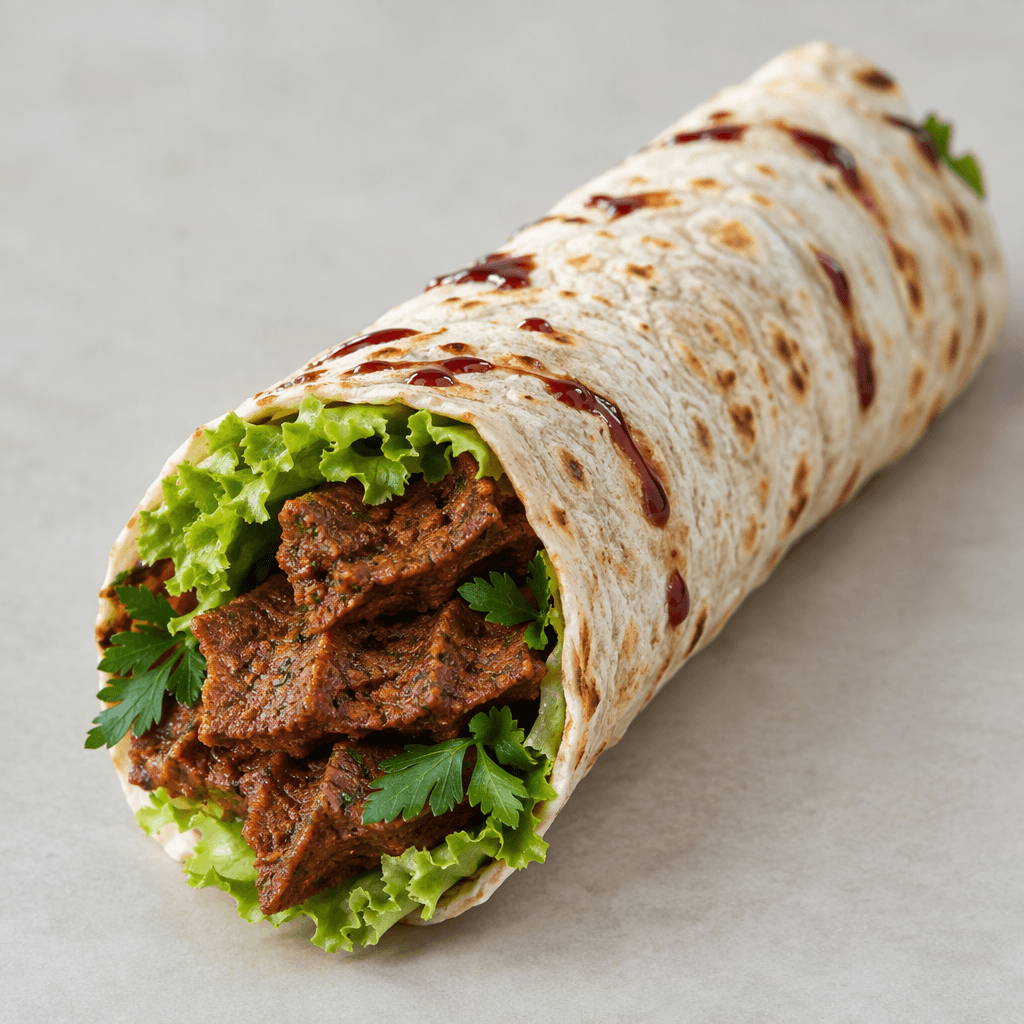 A thin, tightly rolled lavash wrap filled with ridged, reddish-brown çiğ köfte paste, with bright green lettuce and parsley visible at the open ends and a few dark red pomegranate-molasses streaks on the surface.