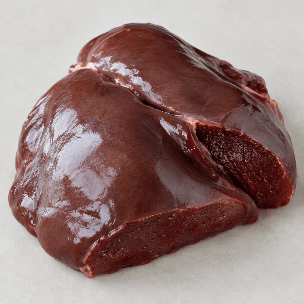 A dark reddish-brown, smooth, firm organ with broad irregular lobes, a glossy moist surface, and a dense deep-red interior visible along its cut edges.