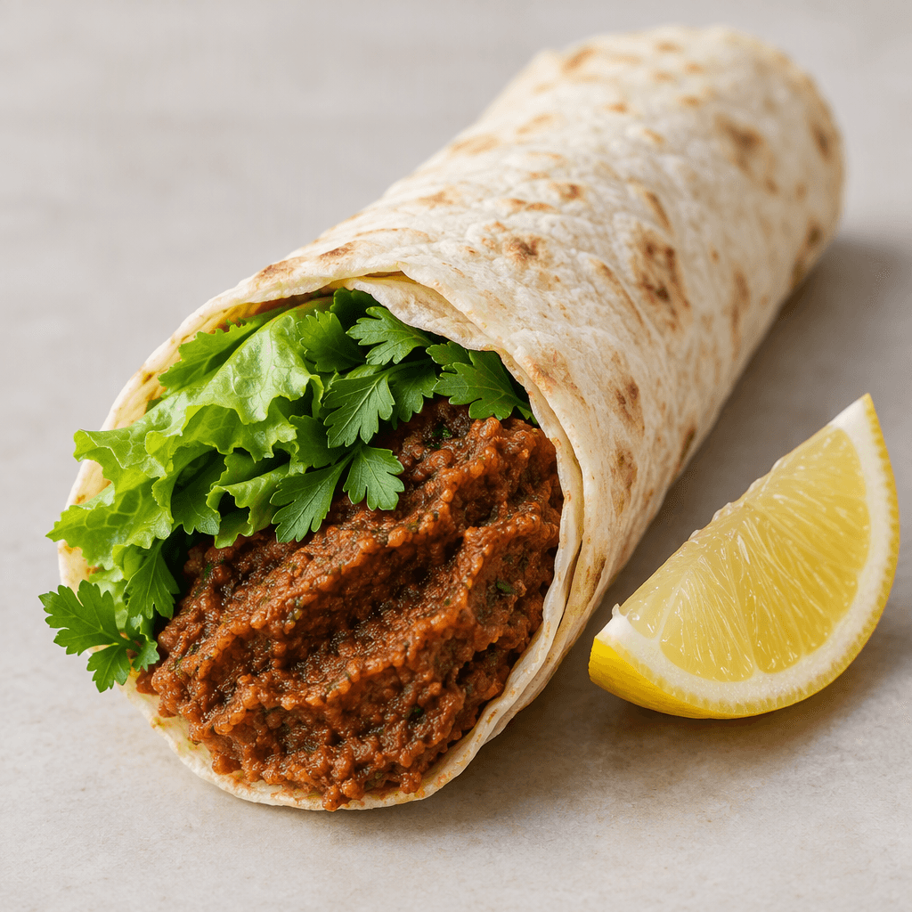 A thin, pale beige flatbread is rolled around a thick layer of reddish-brown bulgur paste with a slightly coarse, ridged texture, leafy green lettuce and parsley peeking from the open end, and a lemon wedge served alongside.