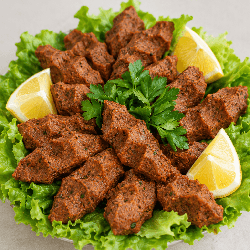 Hand-shaped, elongated finger-size portions of finely textured reddish-brown bulgur and pepper paste, arranged on green lettuce leaves and garnished with fresh parsley and lemon wedges.