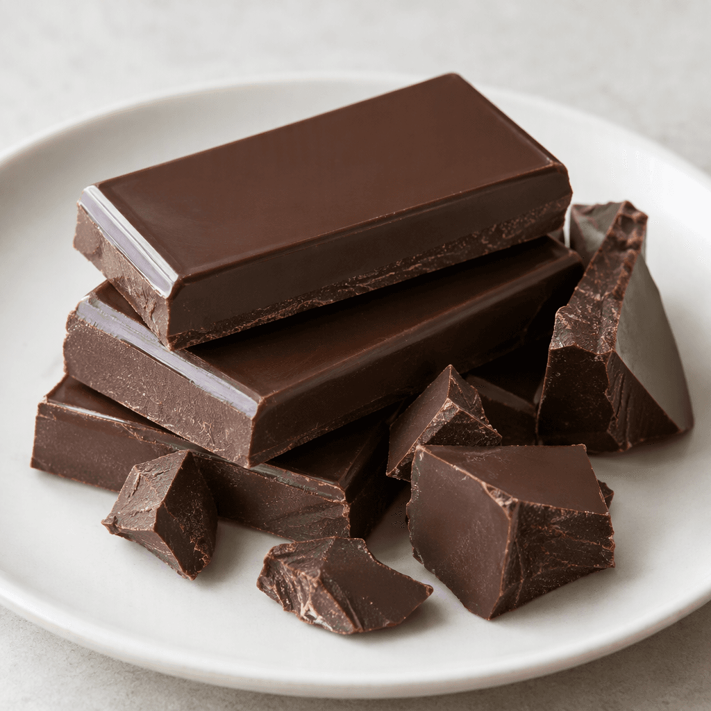 Glossy dark-brown chocolate is presented in thick rectangular bars and irregular broken pieces on a plain plate, with a smooth surface and clean, sharp edges.