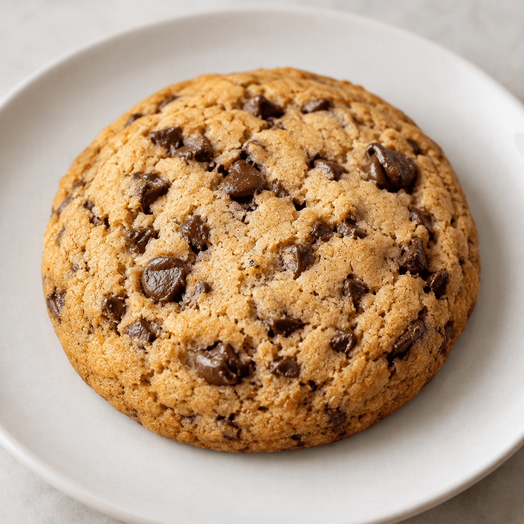 A round, golden-brown cookie with a slightly cracked surface and numerous irregular dark-brown chocolate chips scattered throughout and visible on top, served on a plain plate.