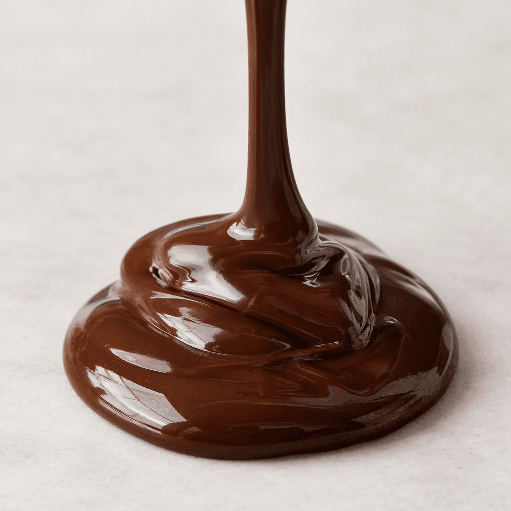 Glossy, thick dark-brown chocolate syrup with a smooth, pourable texture, shown pooling in a small mound and trailing in a slow ribbon over a light surface.