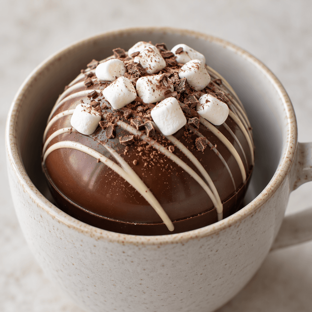 Bir kupanın içinde, üzerine ince ve zıt renkli çikolata gezdirilmiş, küçük marshmallowlarla süslenmiş parlak, yuvarlak bir çikolata küresi görülüyor.
