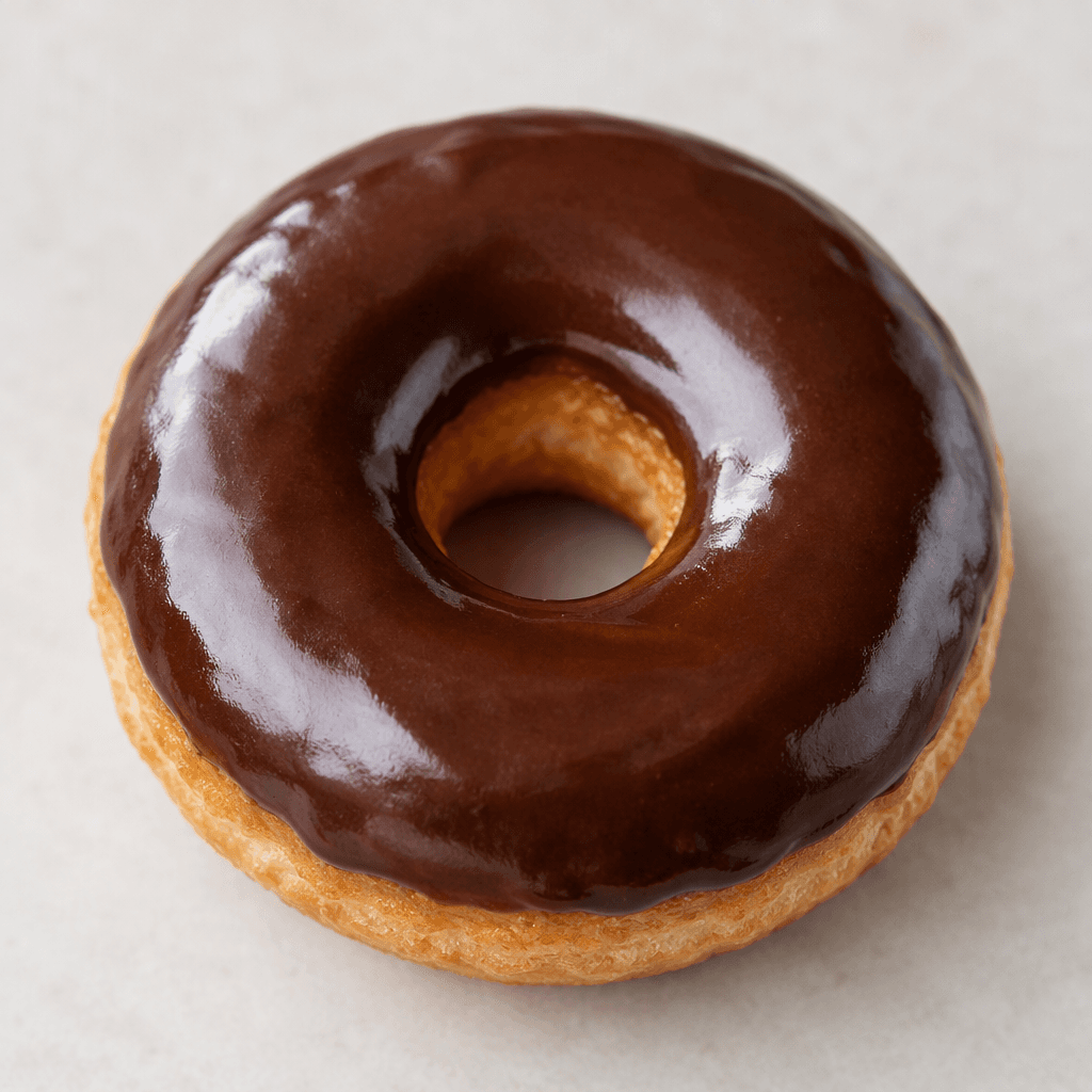 A ring-shaped doughnut covered in a smooth, glossy dark-brown chocolate glaze, with a round hole in the center and a soft, slightly textured edge.