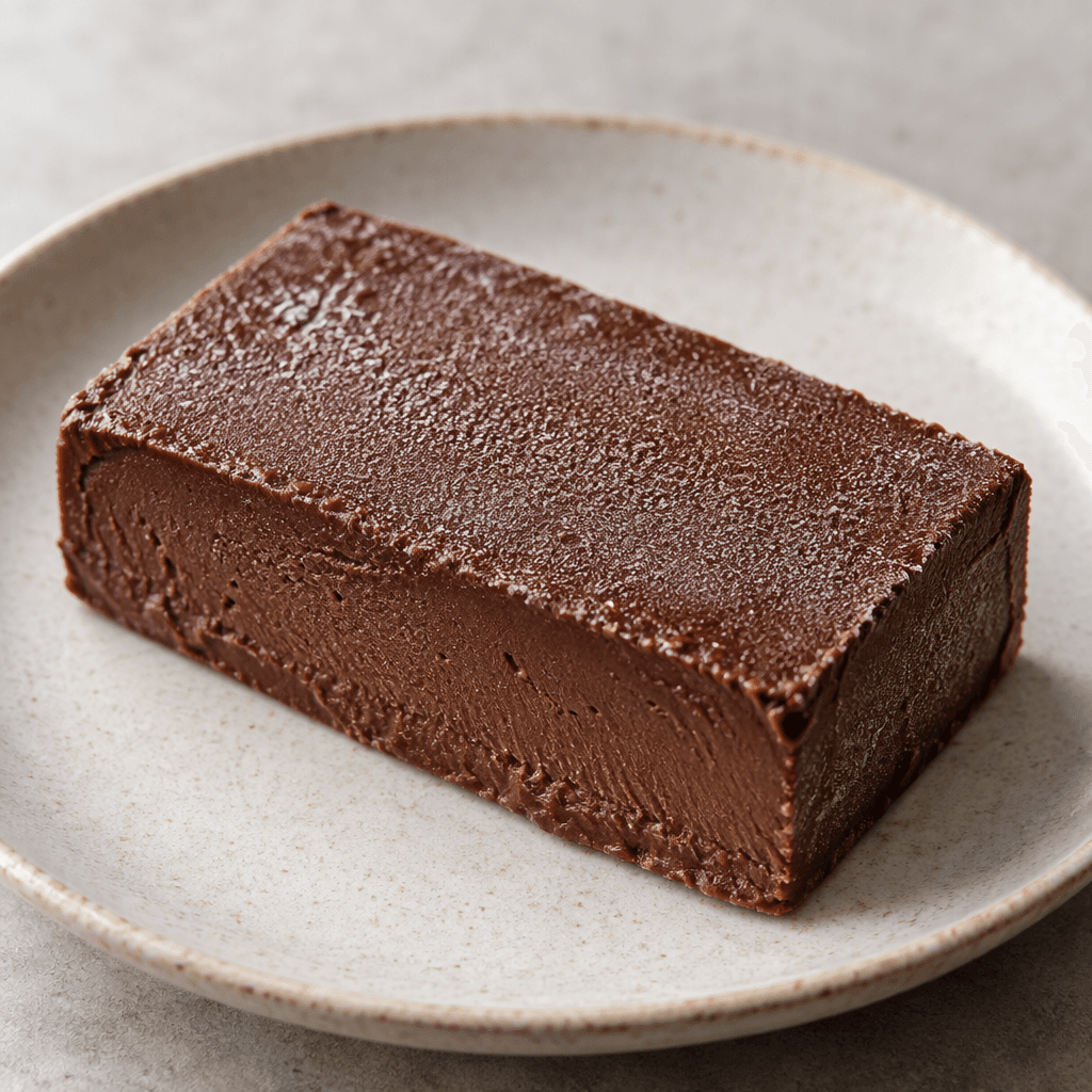 A neat rectangular bar of deep-brown frozen chocolate dessert, with a smooth, slightly frosty surface and clean cut edges, served on a small plate.