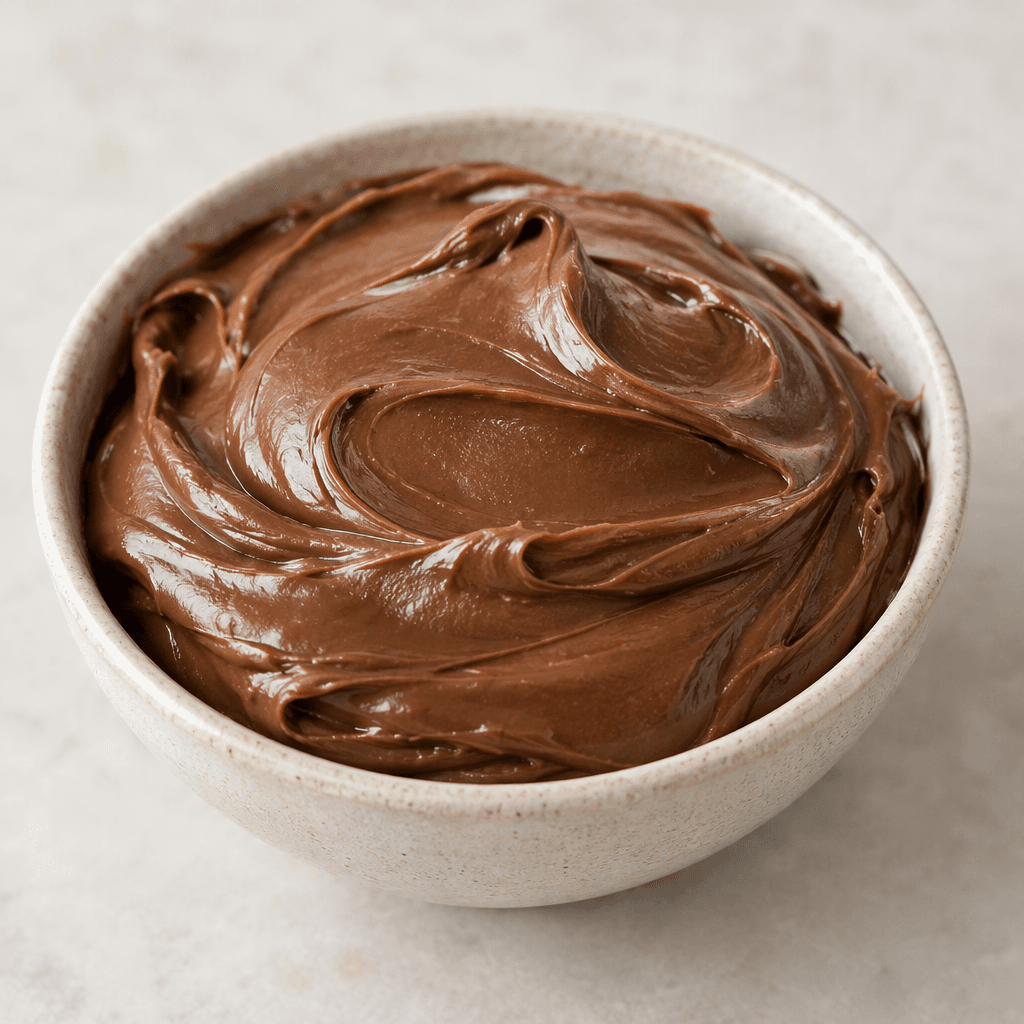 A thick, smooth chocolate-brown dairy spread is mounded in a shallow bowl, with soft swirls and a glossy surface.