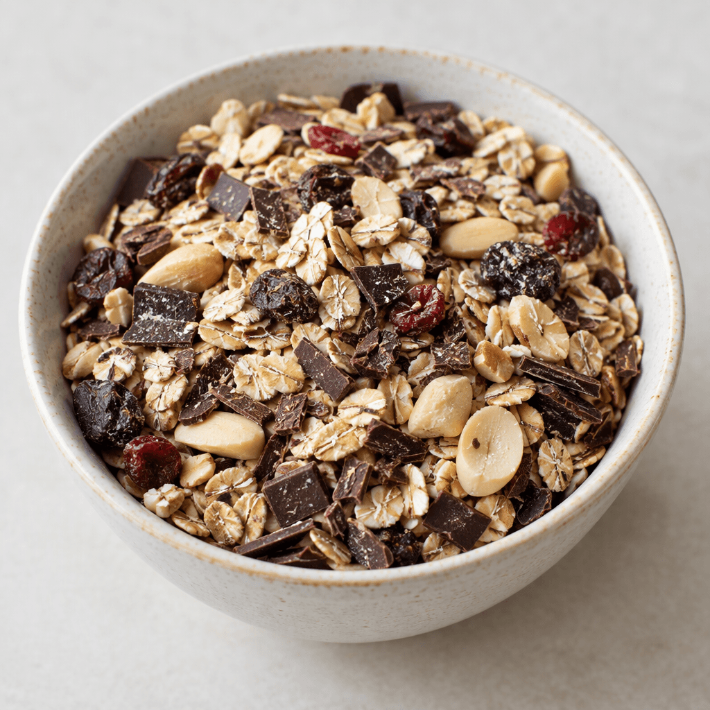 A bowl of loose rolled oat flakes mixed with dark brown chocolate flakes and small chocolate pieces, pale nuts, and scattered dried fruit, with a rough, varied texture visible throughout.