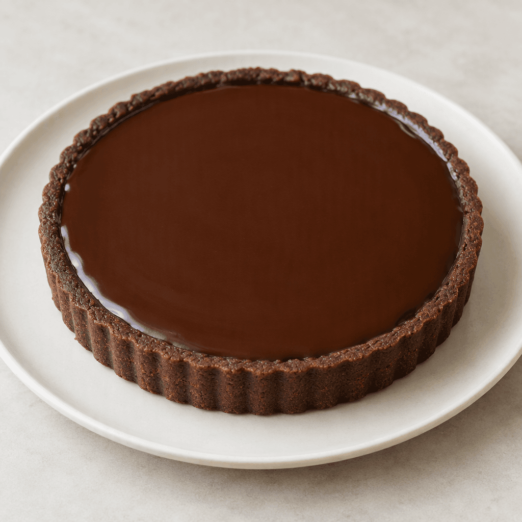 A round chocolate tart with a thin, dark brown pastry crust and a smooth, glossy deep-brown chocolate filling, shown whole on a simple plate.