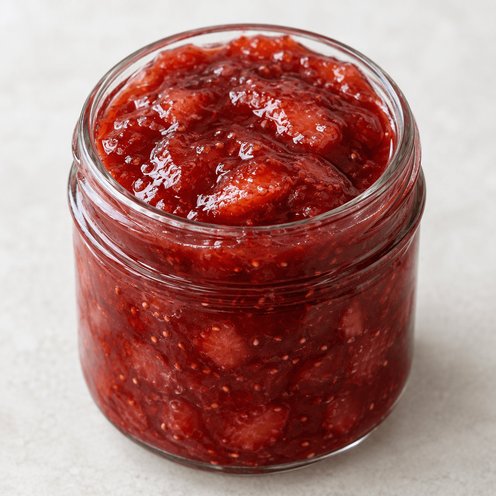 Glossy deep ruby-red jam with visible crushed strawberry pieces and tiny pale seeds, thick and softly spreadable, served in a small clear glass jar or spooned onto a dish.