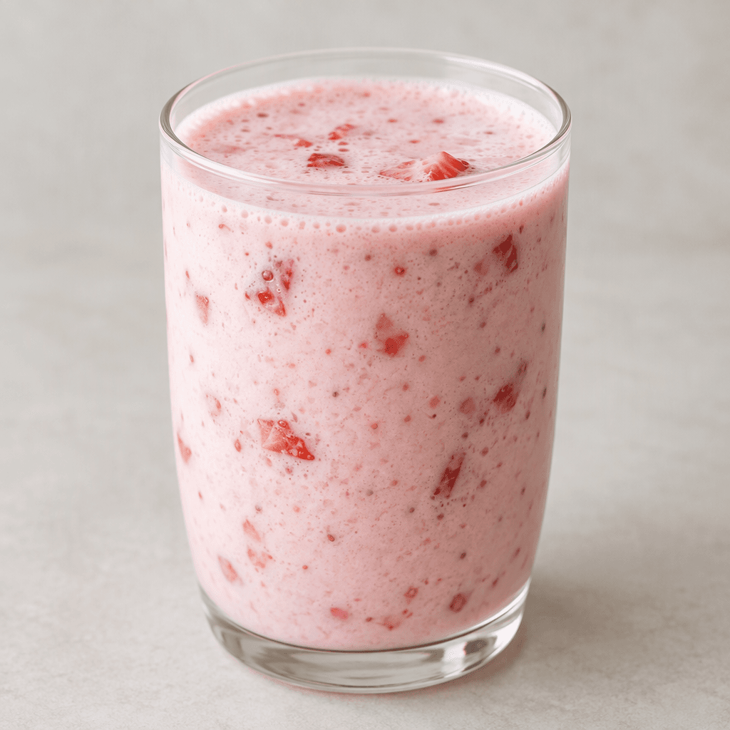 A pale pink, smooth and slightly frothy kefir drink with small red strawberry pieces and tiny strawberry seeds visible throughout, served in a clear glass.