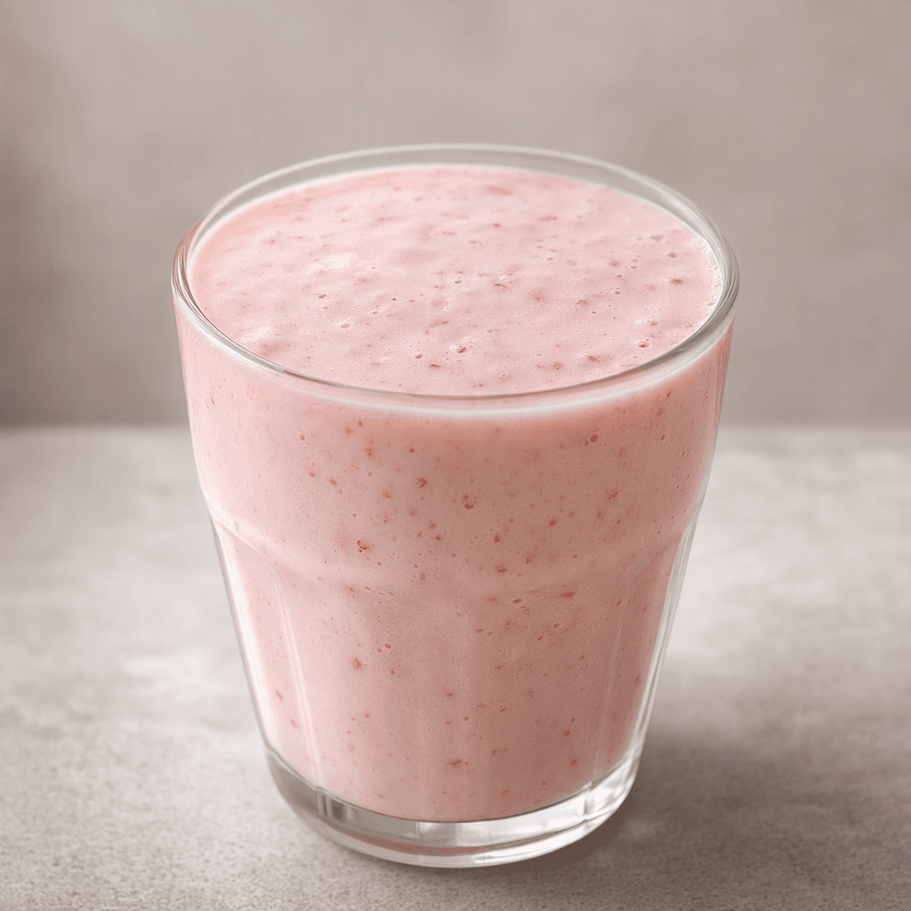 A pale pink, smooth and slightly thick strawberry kefir drink sits in a clear glass, with tiny red strawberry flecks visible throughout.