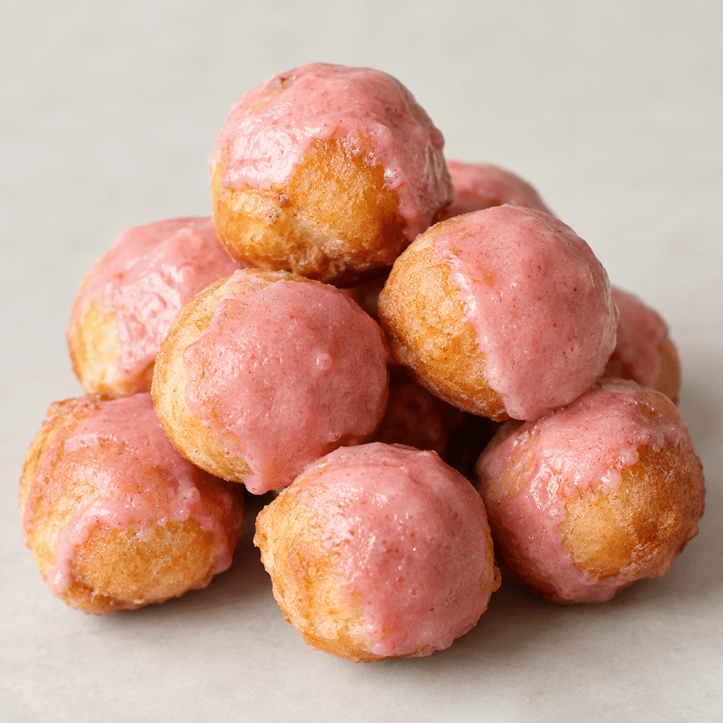 Small, round, bite-sized pastry balls with a golden-brown surface and a pink strawberry-coloured coating, served together in a small pile.
