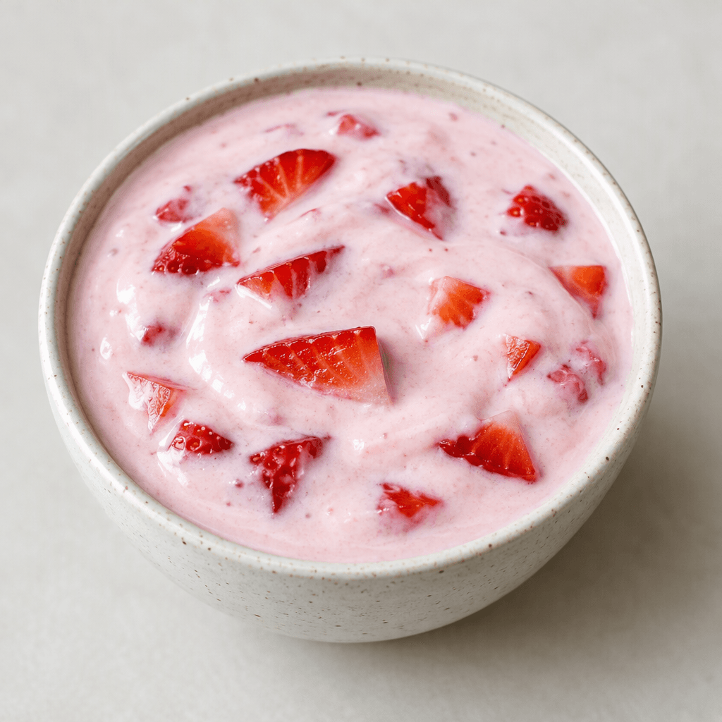 Smooth pale-pink yogurt served in a small bowl, with scattered red strawberry pieces visible on the surface.