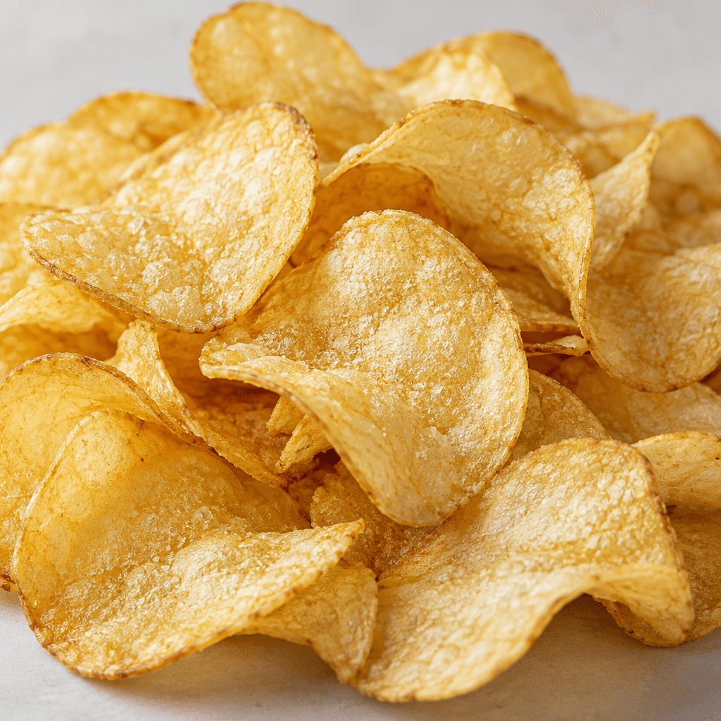 Thin, golden-yellow potato crisps with gently curled edges and a lightly bubbled, crisp-looking surface are piled together.