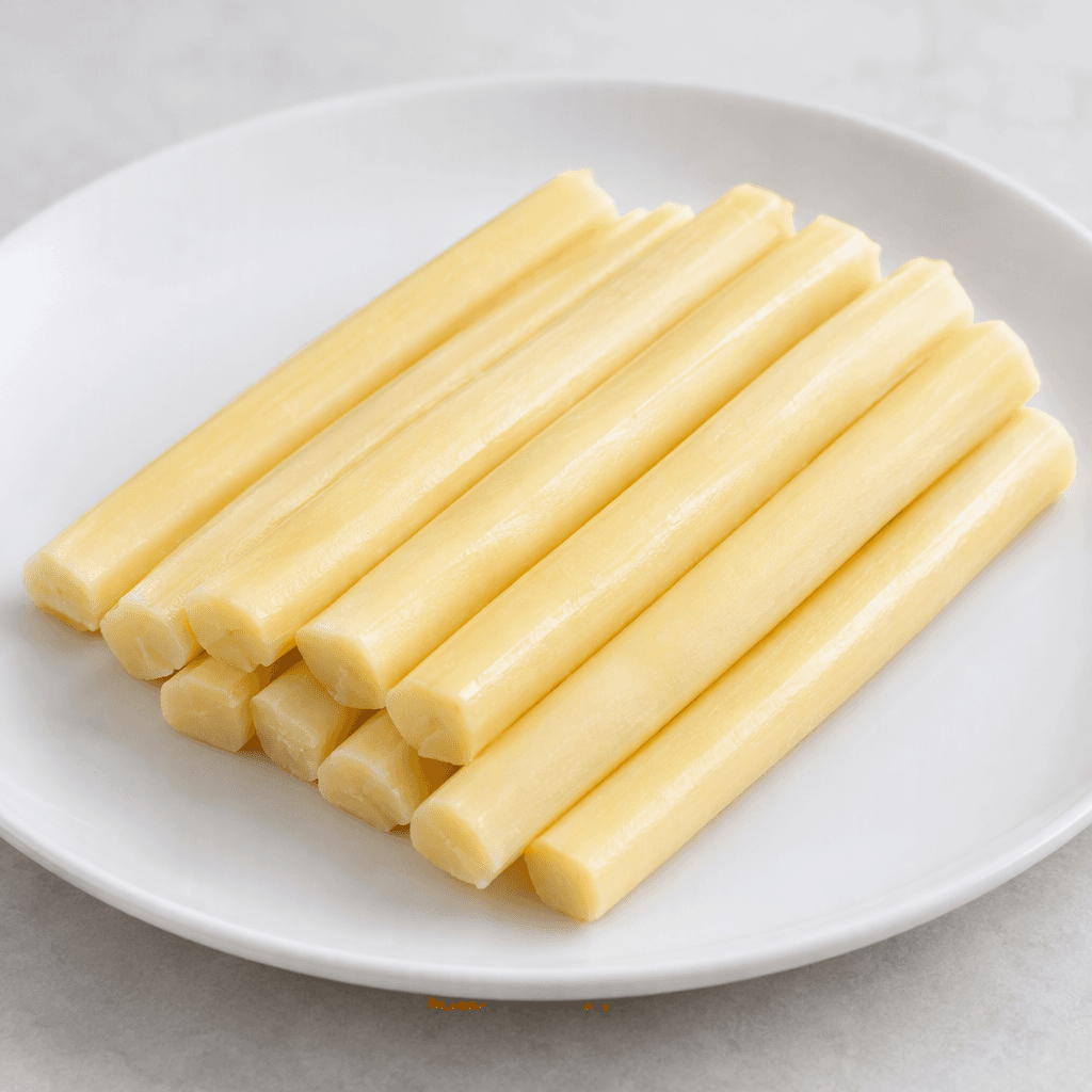 Slender, uniform sticks of pale yellow processed cheese with smooth, slightly glossy surfaces, arranged side by side on a plain plate.