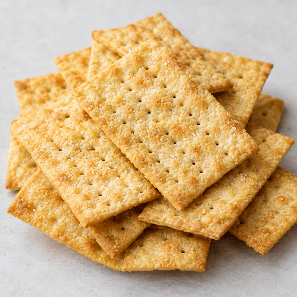 Golden-yellow, thin rectangular crackers with rows of small perforations and a lightly bubbled, crisp-looking surface are arranged in a loose pile.