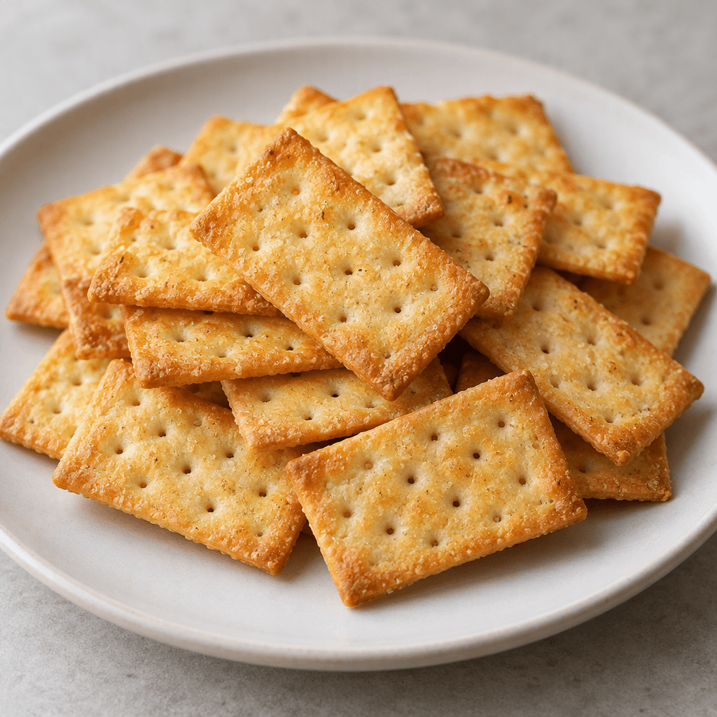 Thin, small rectangular crackers with golden-yellow surfaces, lightly browned edges, and tiny perforations are stacked loosely on a plain plate.