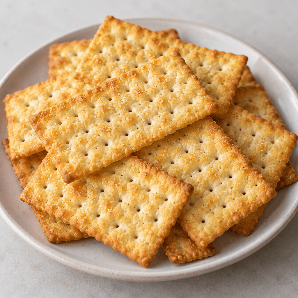Thin, golden-yellow rectangular crackers with lightly browned edges, a crisp bubbled surface, and rows of small perforations are arranged on a plate.