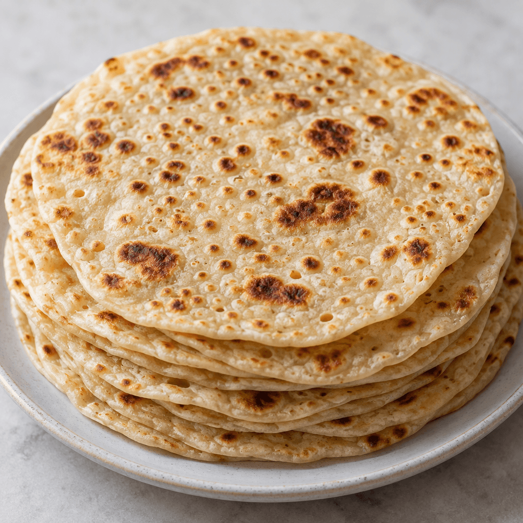 A stack of thin, round, soft flatbreads with a pale golden surface, scattered toasted-brown spots and tiny holes, arranged on a plate.