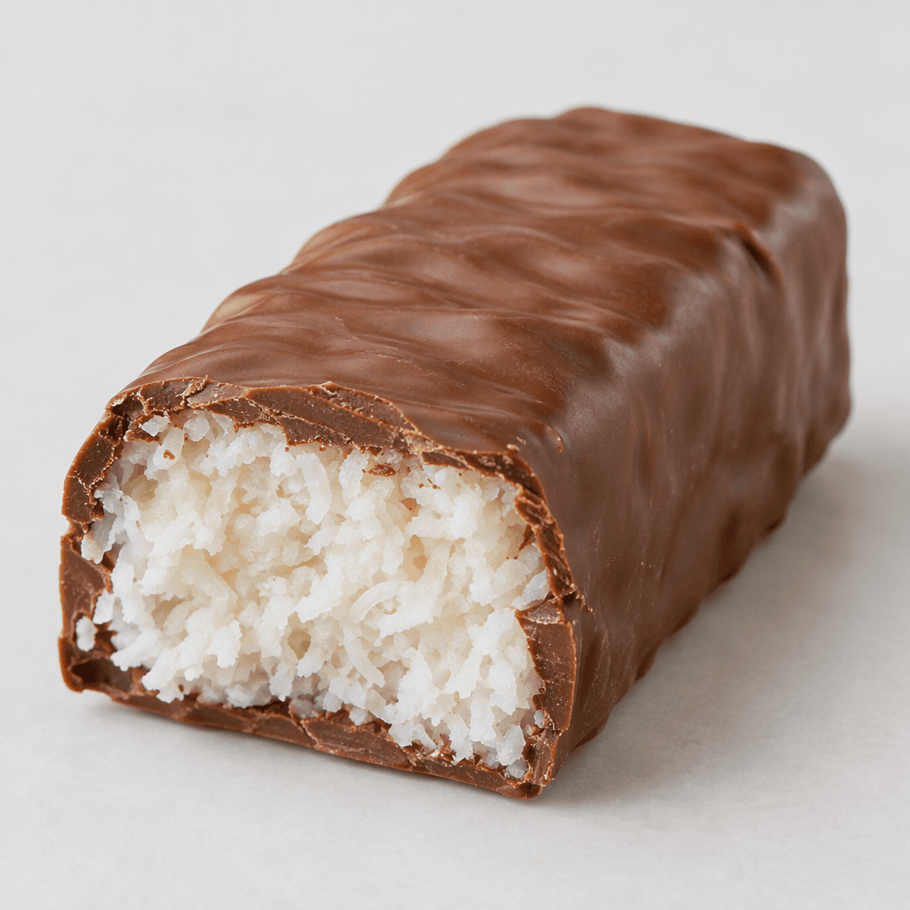 An elongated rectangular confection with a smooth milk-chocolate coating and a thick, white, fibrous coconut filling visible where it is cut or broken.