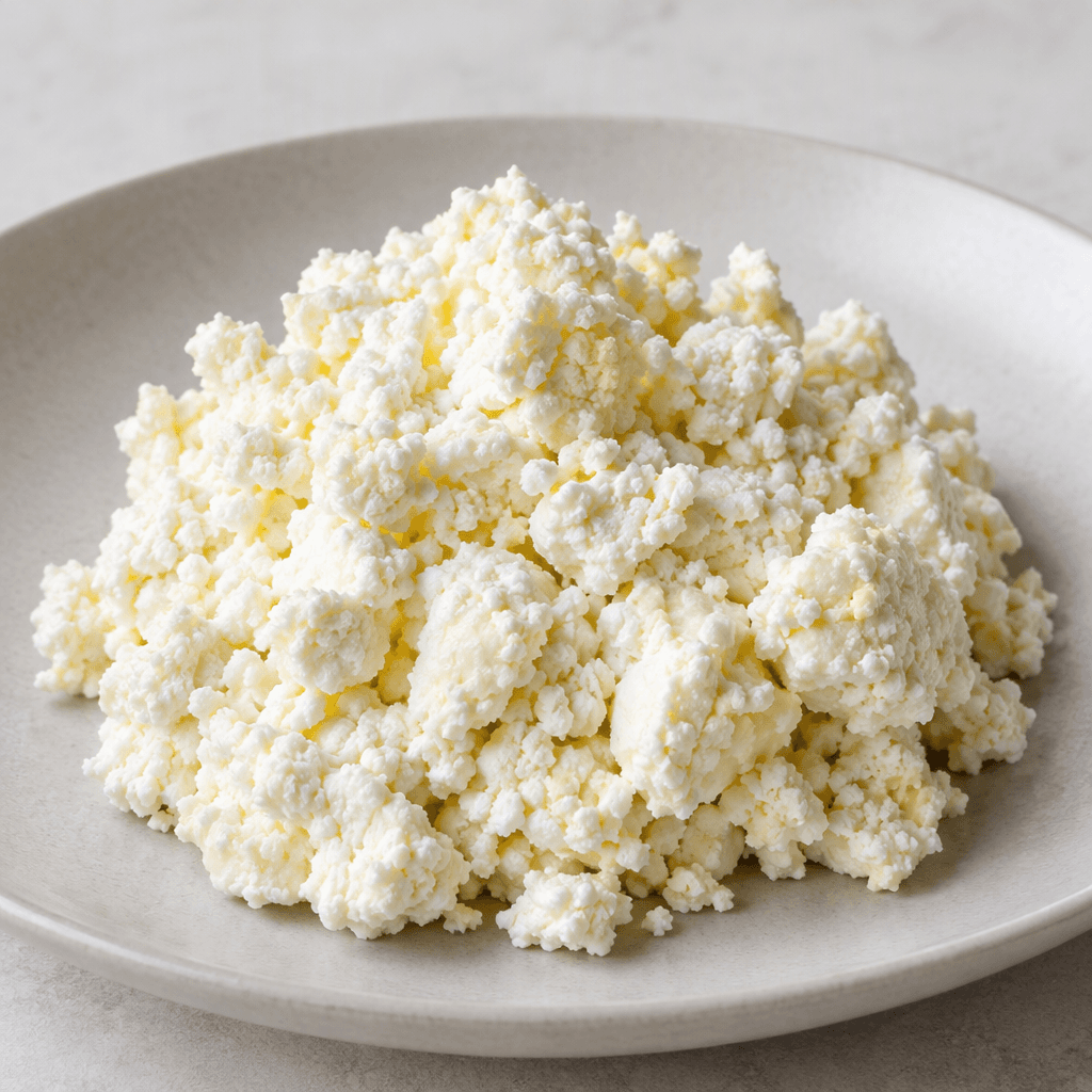 A loose mound of fresh, crumbly white-to-pale-cream curds with an uneven, slightly moist texture, served plainly on a plate.