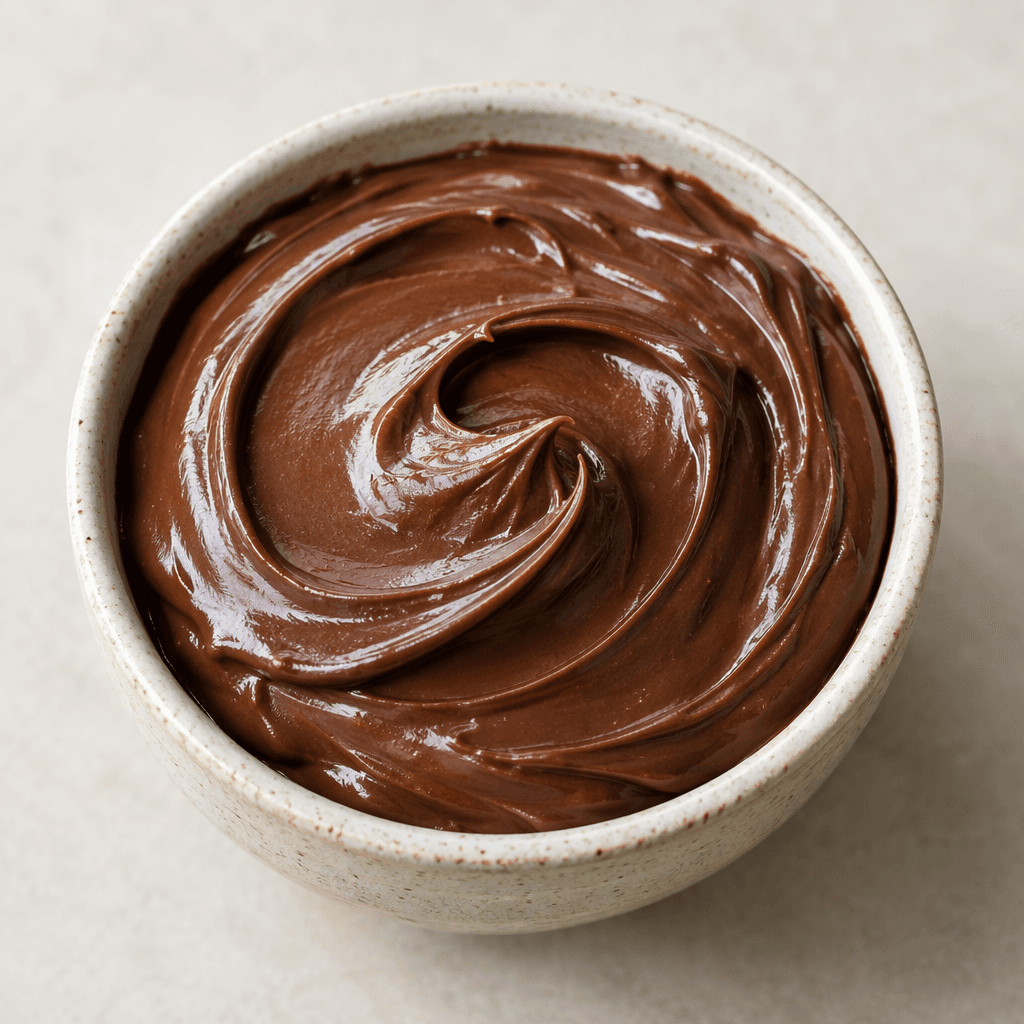 A smooth, glossy dark-brown cocoa-and-hazelnut spread with a thick, creamy consistency, served in a small bowl with soft swirls on the surface.