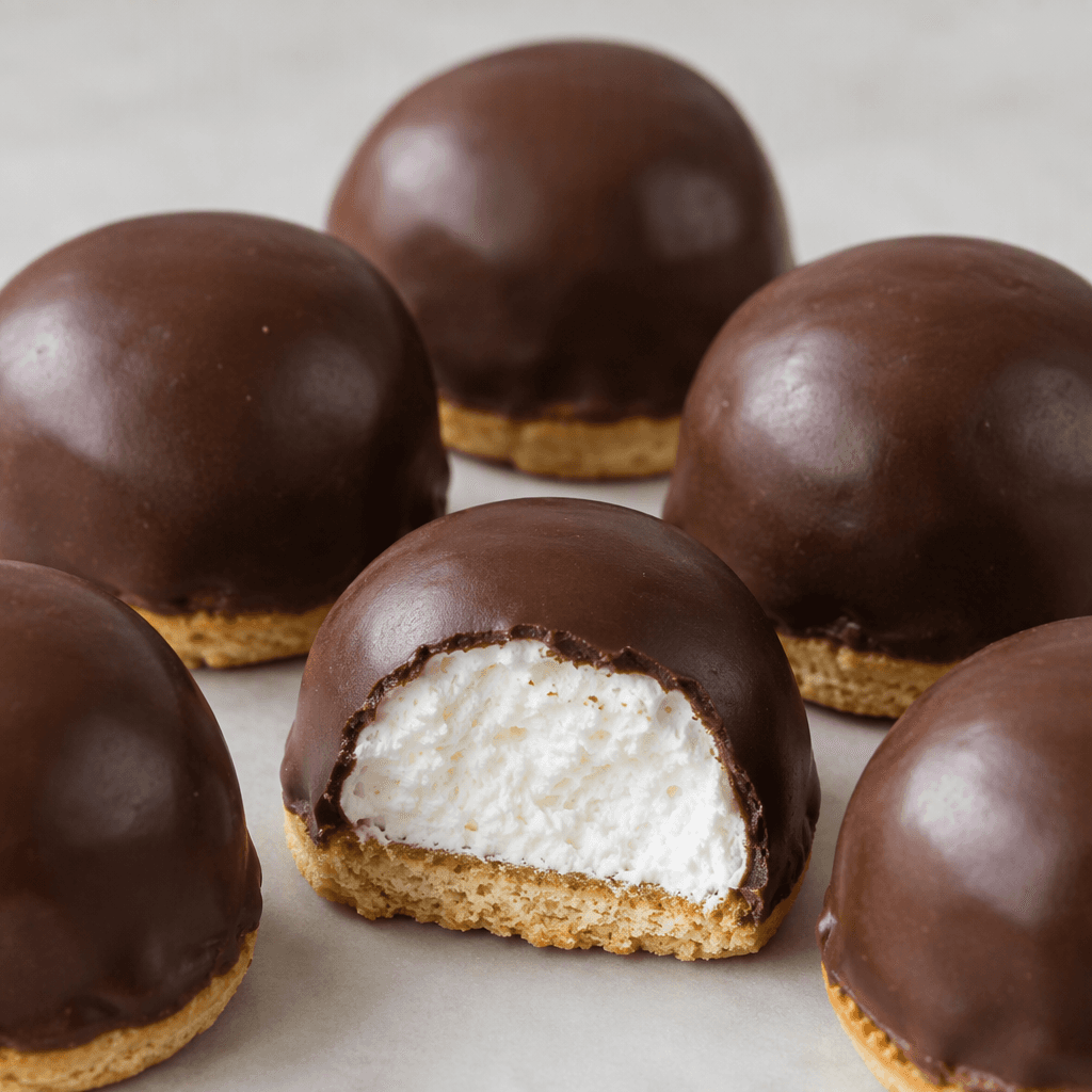 Small, round dome-shaped sweets with a smooth dark-brown chocolate coating, a white airy marshmallow layer visible above a thin golden biscuit base, arranged closely together.