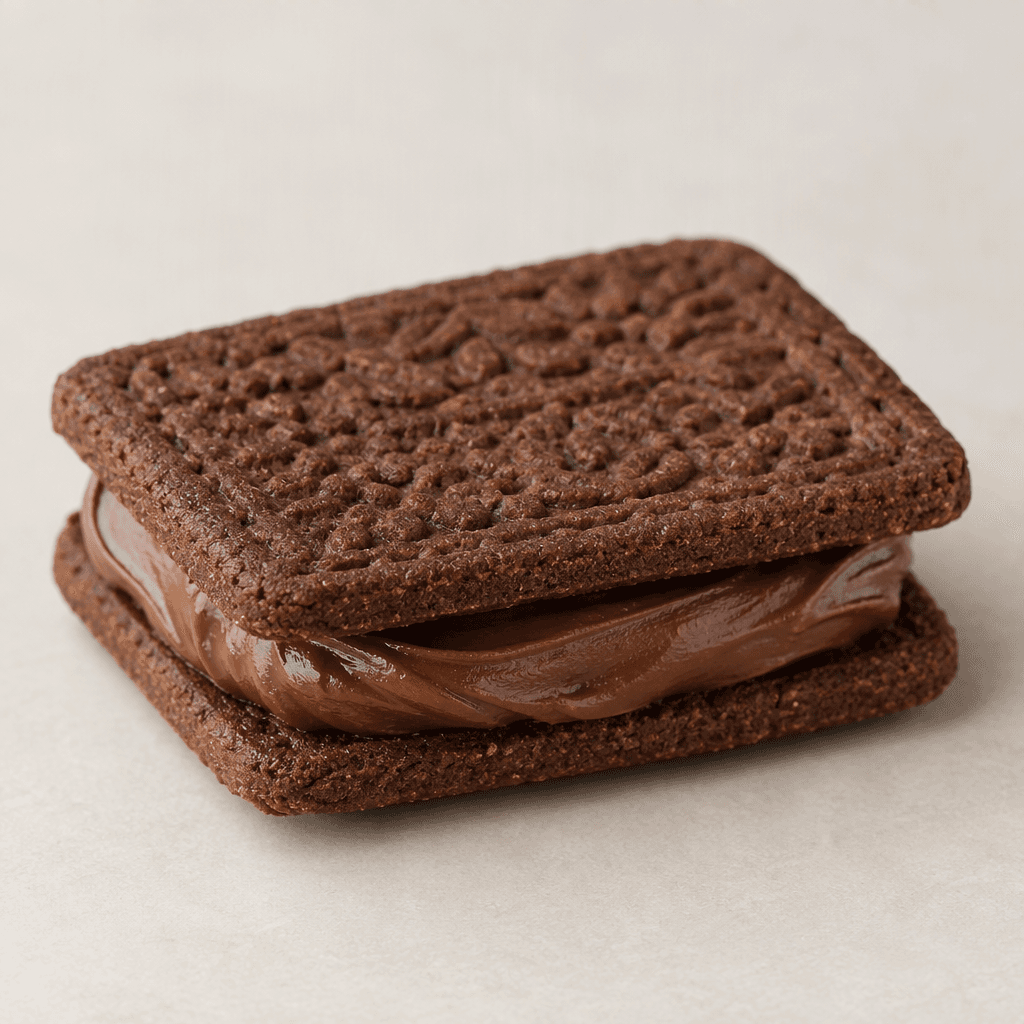 Two thin, dark-brown rectangular cocoa biscuits with lightly textured, embossed tops are stacked with a thick layer of smooth chocolate-hazelnut cream visible between them.