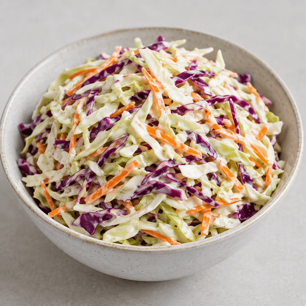 A mound of finely shredded pale green and purple cabbage mixed with thin orange carrot strips, lightly coated in a creamy white dressing and served in a bowl.