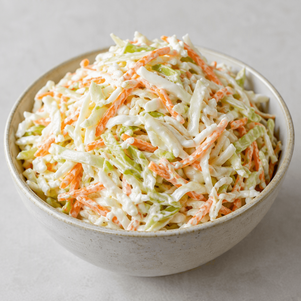 A mound of finely shredded white and pale-green cabbage mixed with thin orange carrot strips, lightly coated in a creamy white dressing and served in a bowl.