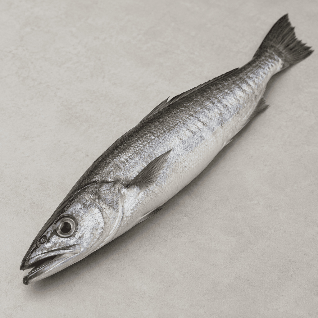 A slender whole hake with a pointed head, large dark eye, wide mouth, silvery sides, a darker grey-green back, and a pale belly.
