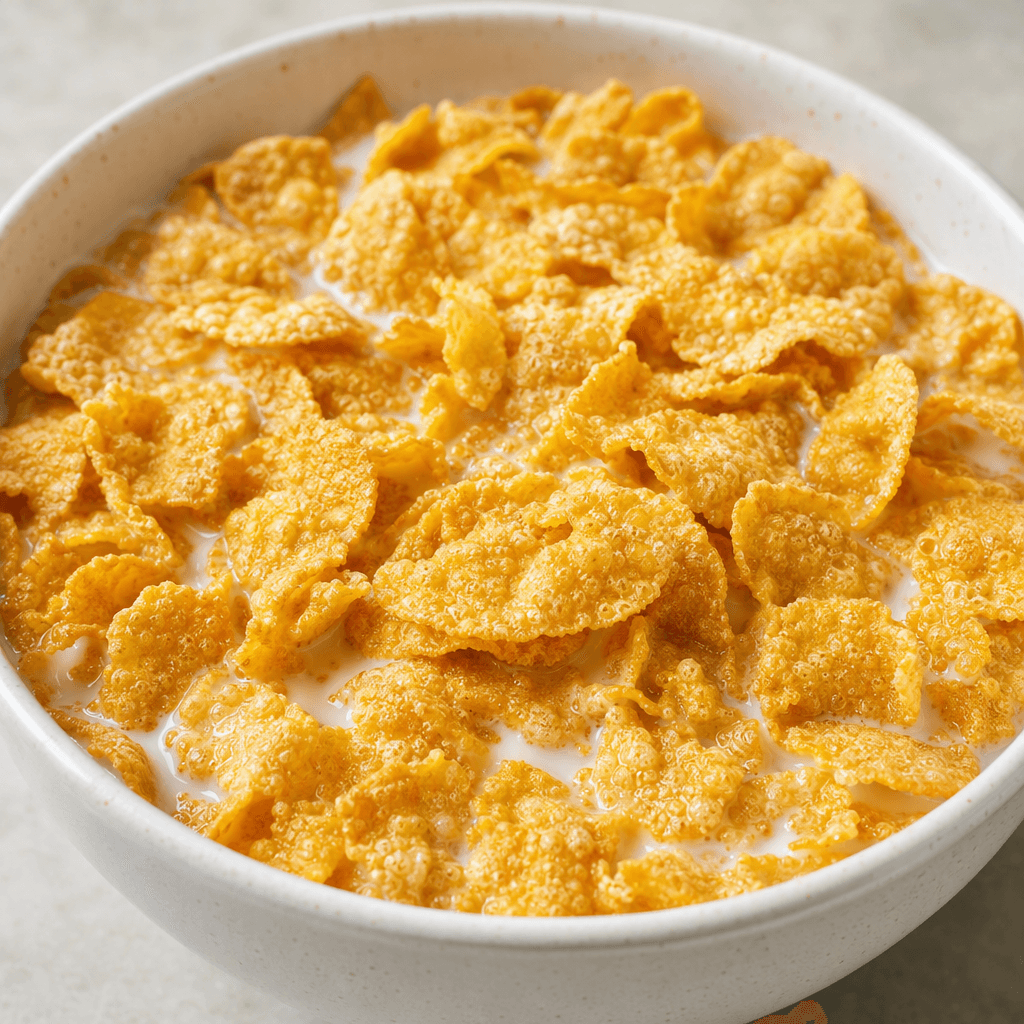 Golden-yellow, thin, irregularly shaped corn flakes with lightly curled edges and a ridged, crinkled texture fill a bowl, with white milk visible between the flakes.
