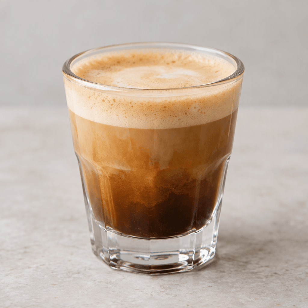 A small cortado is served in a clear, short glass, showing a dark brown espresso base softened with an almost equal amount of warm, lightly frothed milk and topped with a thin layer of pale tan foam.