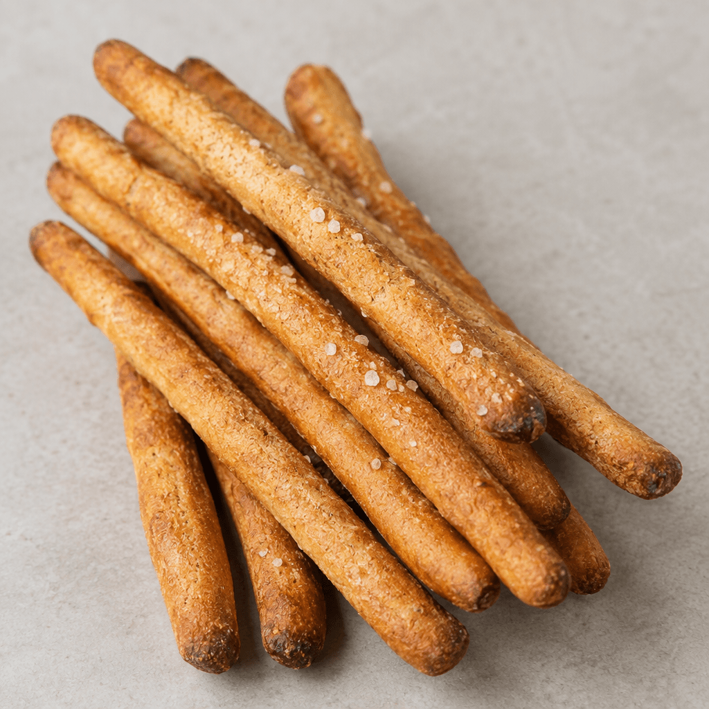 Slim, straight, rigid rods of baked dough with a deep golden-brown surface, slightly darker rounded ends, a dry crisp texture, and occasional coarse salt crystals clinging to the top.