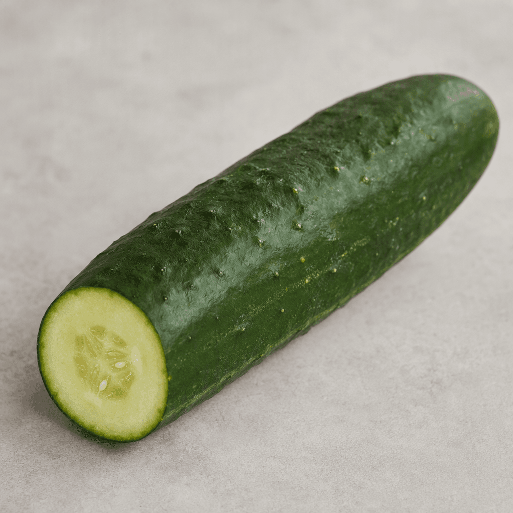 A whole cucumber with smooth, slightly bumpy dark-green skin, an elongated cylindrical shape that tapers gently at both ends, and a fresh pale-green cut end showing moist, tightly packed flesh and tiny translucent seeds.