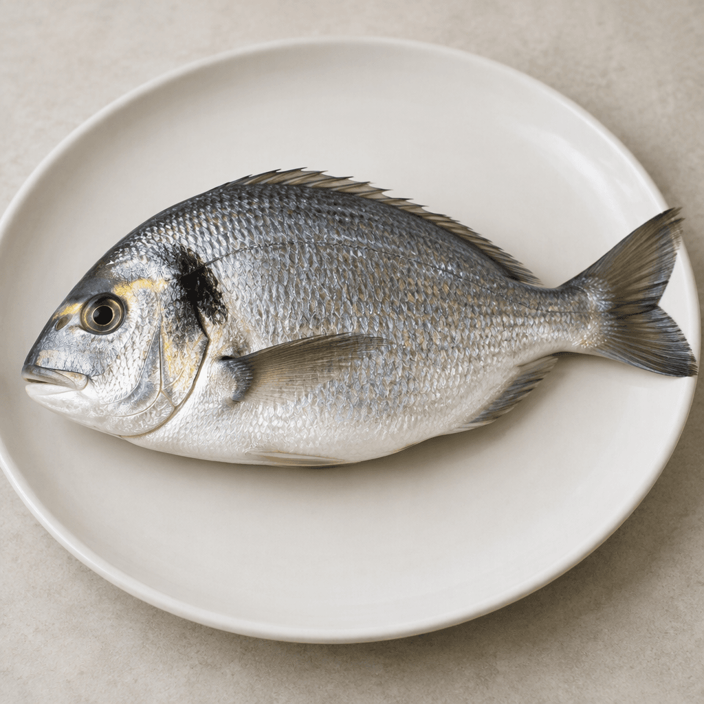 A whole gilthead seabream with a deep, oval, silvery body, shimmering scales, a gently rounded forehead, a pointed snout, a dark spot near the gill cover, and a distinctive golden band between the eyes, presented on a plain plate.