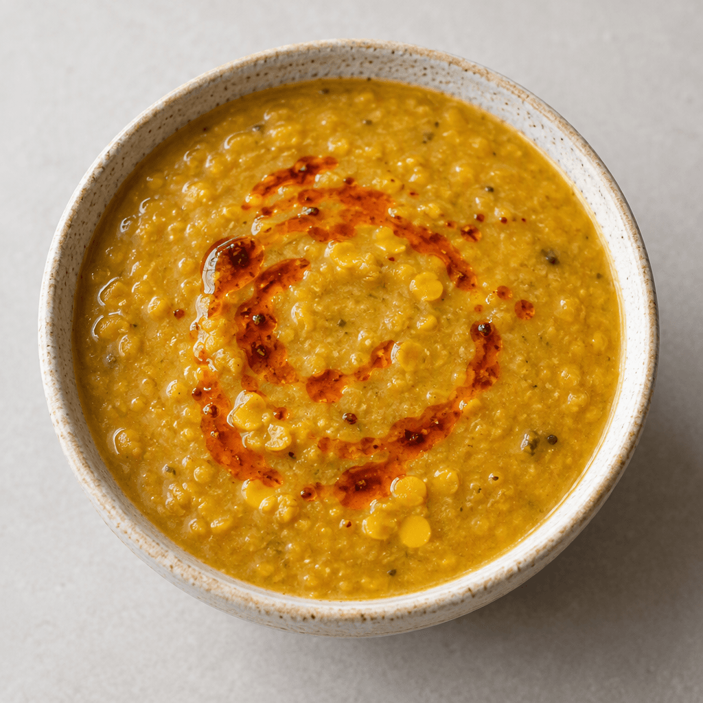A bowl of thick golden-yellow lentil stew with a smooth, slightly grainy texture, dotted with soft split lentils and served with a small swirl of reddish oil on the surface.